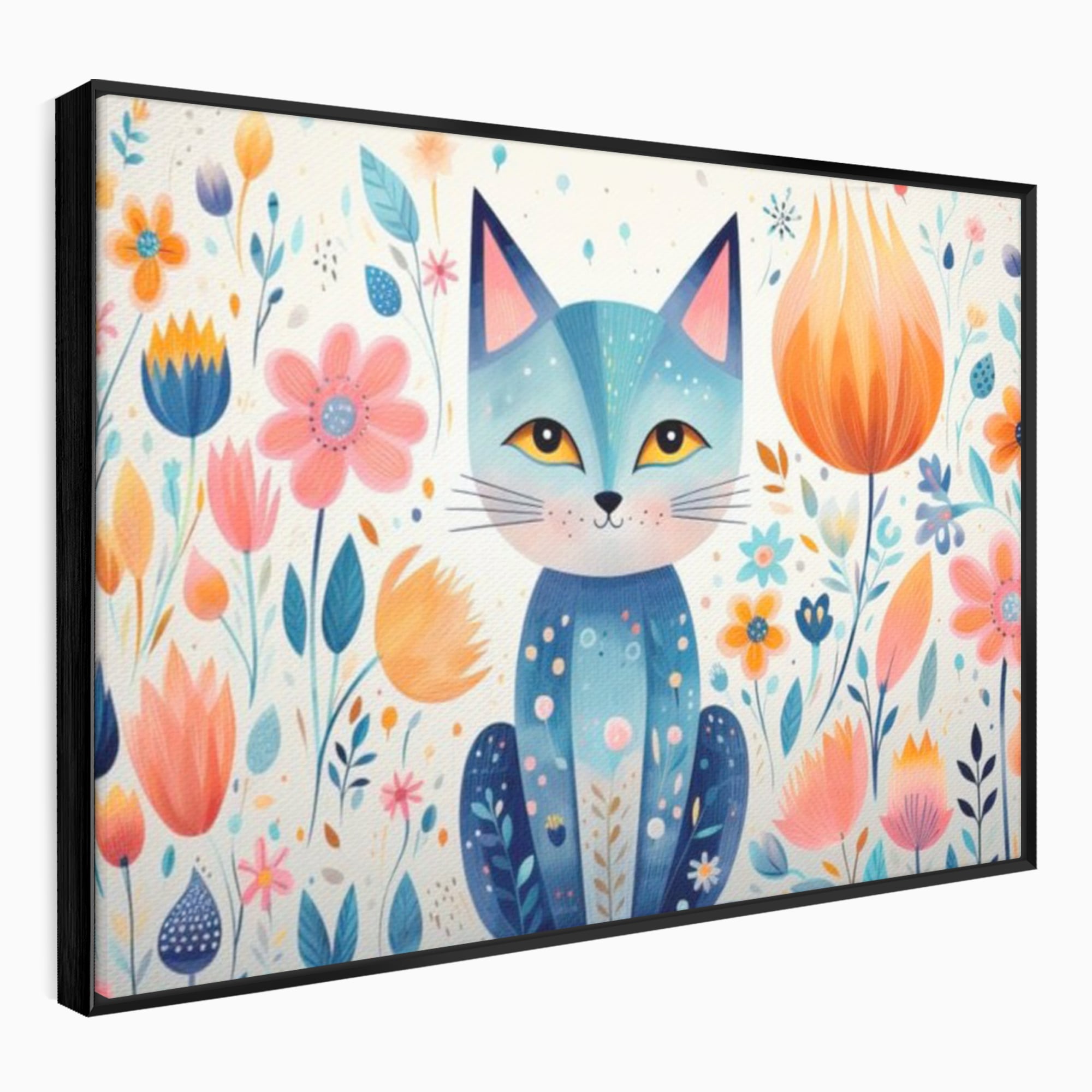 Tablou canvas cu ilustratie digitala cu pisica albastra si flori, in rama de aluminiu negru